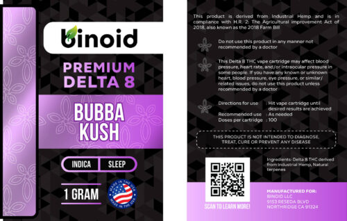 Delta 8 THC Vape Cartridge Bubba Kush Indica Sleep Terpene Flavor