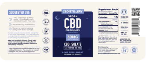 CBDistillery Night-time PM CBD Gummies Label Nutritional Facts Supplement