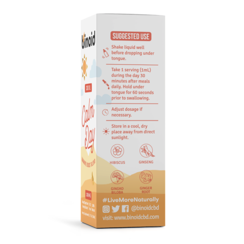 Binoid CBD oil suggested use calm day hibiscus ginseng ginko biloba