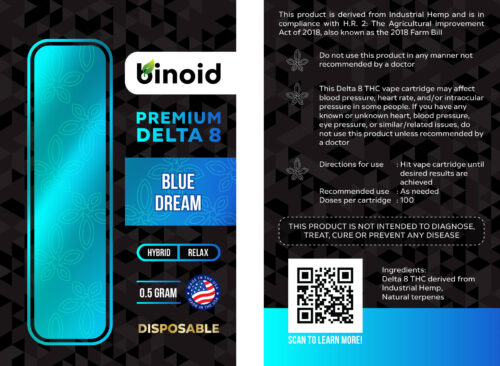 Delta 8 THC Disposable Vape Blue Dream Label Ingredients