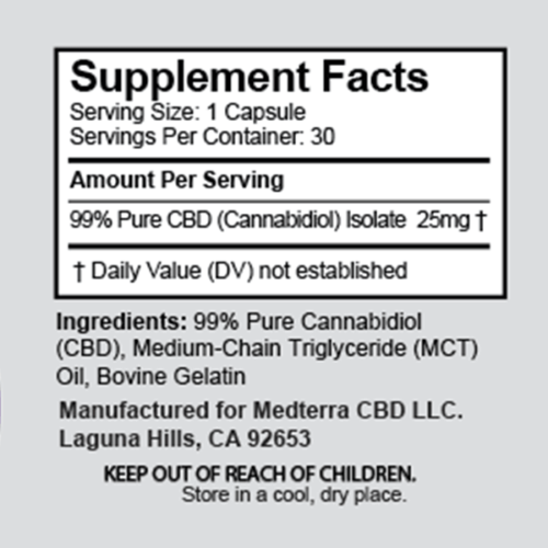 Medterra CBD Gel Capsules 25mg Supplement Facts