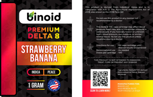 Delta 8 THC Vape Cartridge Strawberry Banana Strawnana Indica Sleep Terpene Flavor