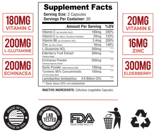 Ruma Immune Support Supplement - Immunity Booster - Vitamin C, Zinc, Elderberry, Echinacea, Garlic, Turmeric
